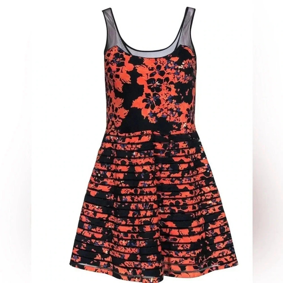 Parker Orange & Black Petal Bloom Mesh Sleeveless Fit & Flare Silk Dress Size M - Picture 5 of 10